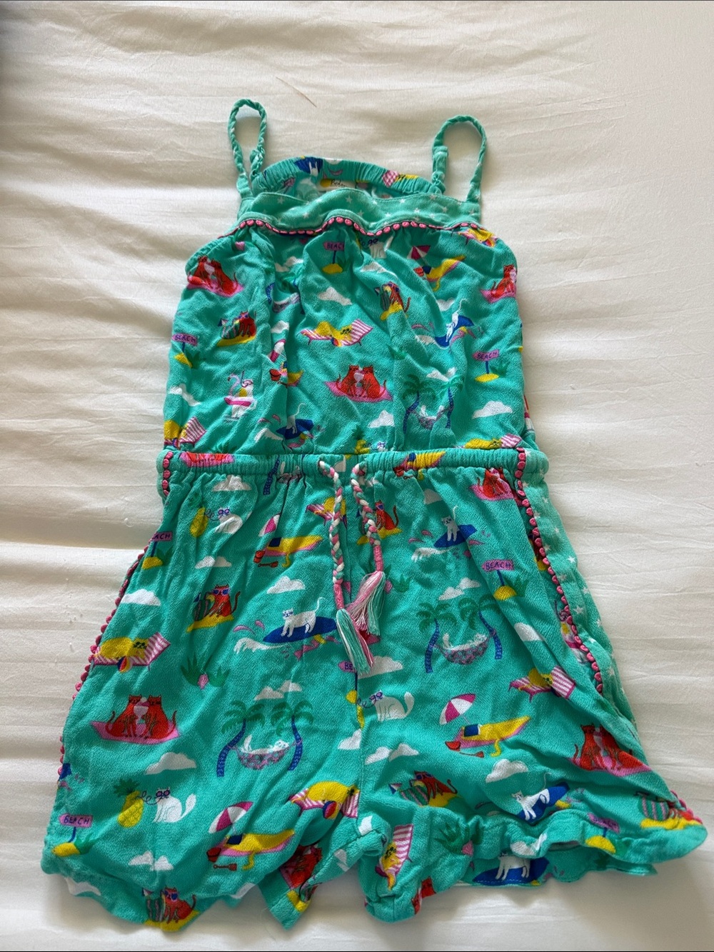 Boden Girls' Turquoise Tropical Cat Print Romper
